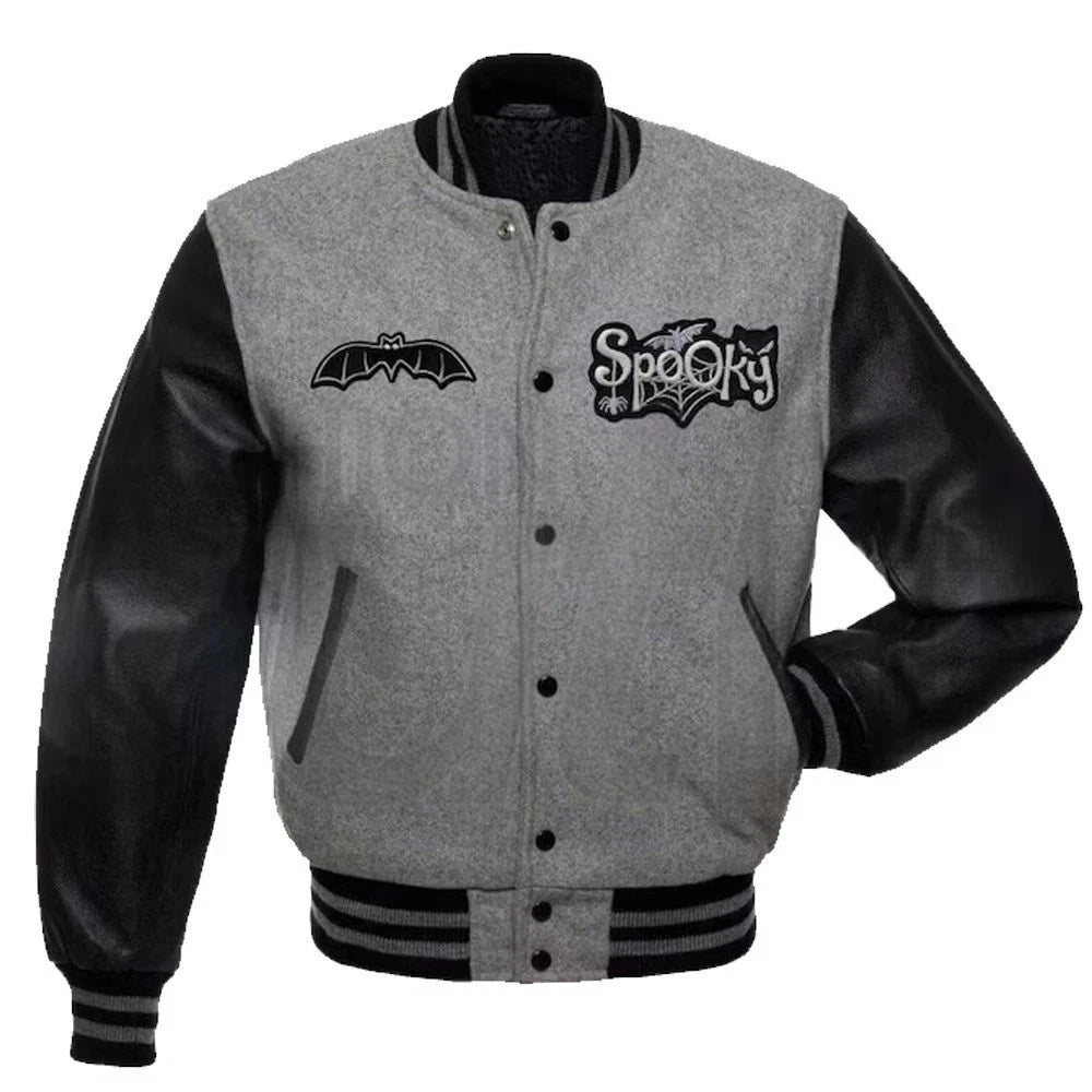 New Halloween Streetwear Gray Wool &amp; Leather Embroidery Varsity Jacket