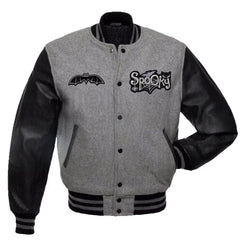 New Halloween Streetwear Gray Wool &amp; Leather Embroidery Varsity Jacket