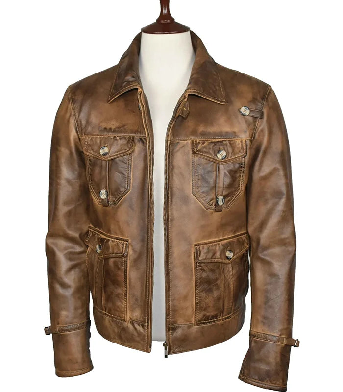 Brown leather jacket on a mannequin against a white background