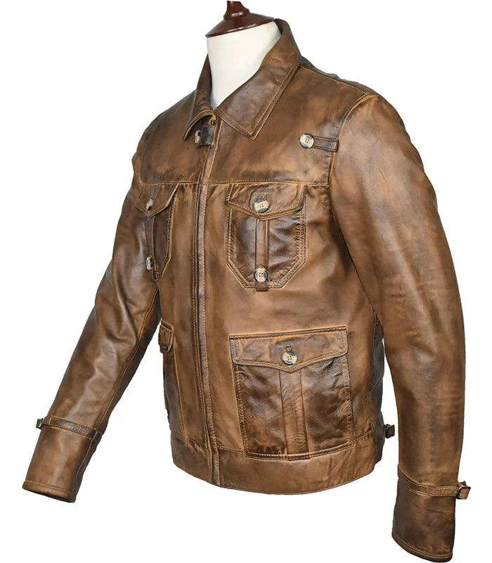 Brown leather jacket on a mannequin against a white background