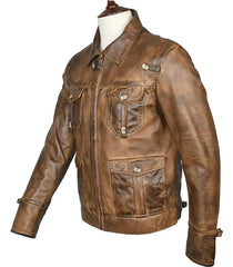 Brown leather jacket on a mannequin against a white background