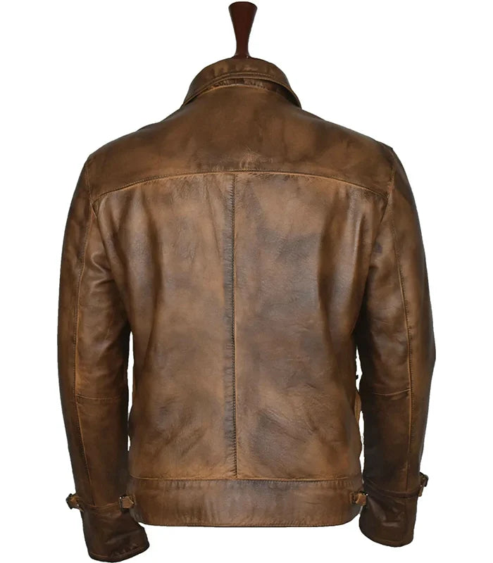 Brown leather jacket on a mannequin against a white background