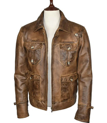 Brown leather jacket on a mannequin against a white background