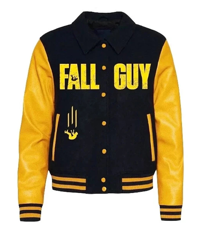 Black and yellow jacket with 'FALL GUY' text on a white background