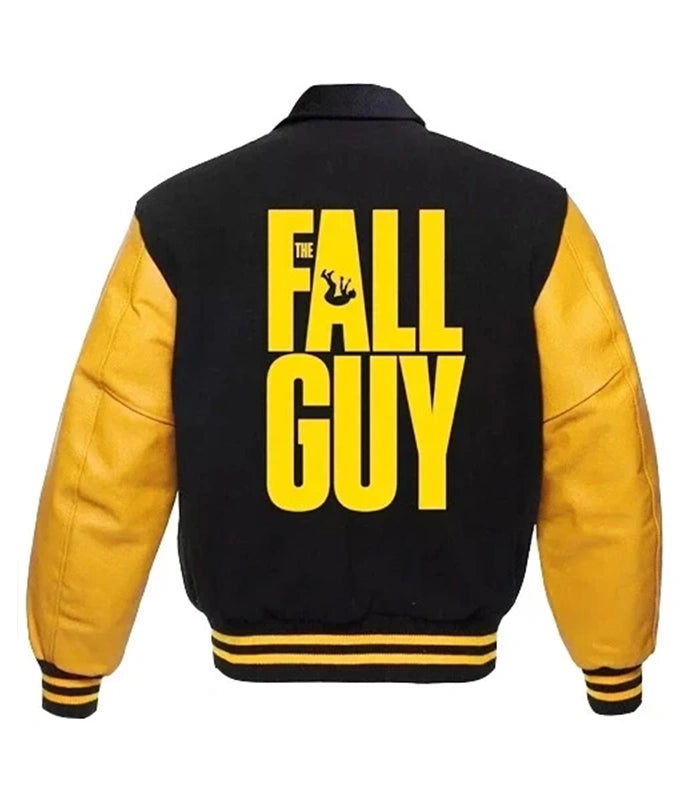 Black and yellow varsity jacket with 'The Fall Guy' text on the back