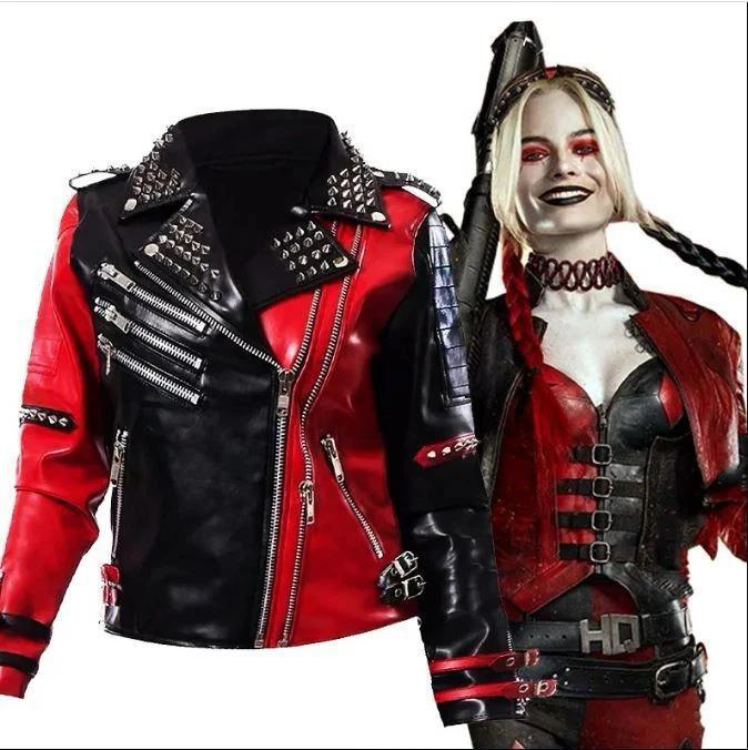 Harley Quinn Heartless Asylum Studded Biker Black & Red Leather Jacket for Women