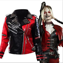 Harley Quinn Heartless Asylum Studded Biker Black & Red Leather Jacket for Women