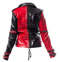 Harley Quinn Heartless Asylum Studded Biker Black & Red Leather Jacket for Women