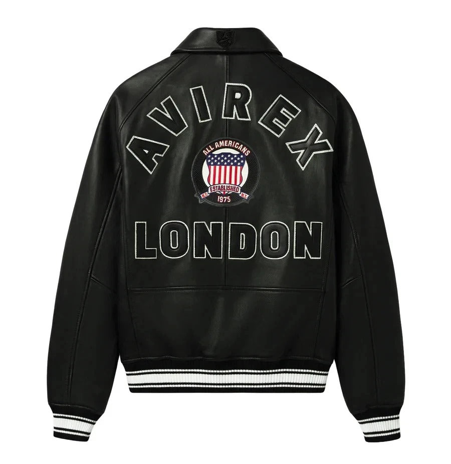 Men's Avirex Icon London Real Leather Bomber Varsity Jacket Black Biker Jacket