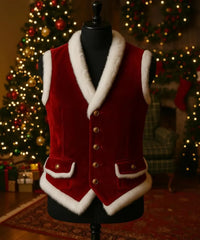 Men’s Red Velvet Christmas Vest with White Faux Fur Trim, Santa Costume Waistcoat, Handmade Holiday Outfit, Xmas Vest Gift for Him.