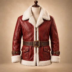 Red Leather Santa Claus Coat, Men's Leather Santa Jacket, Shearling Christmas Coat, Handmade Holiday Costume, Santa Cosplay Gift