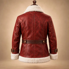 Red Leather Santa Claus Coat, Men's Leather Santa Jacket, Shearling Christmas Coat, Handmade Holiday Costume, Santa Cosplay Gift