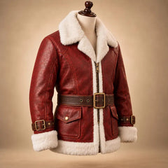 Red Leather Santa Claus Coat, Men's Leather Santa Jacket, Shearling Christmas Coat, Handmade Holiday Costume, Santa Cosplay Gift