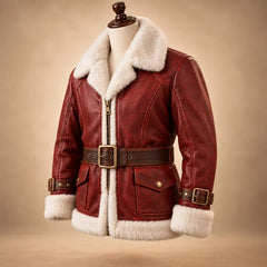 Red Leather Santa Claus Coat, Men's Leather Santa Jacket, Shearling Christmas Coat, Handmade Holiday Costume, Santa Cosplay Gift