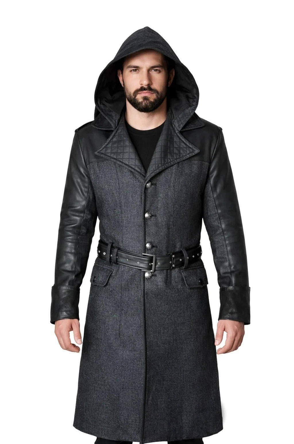 Assassins Creed Men's Grey Syndicate Jacob Frye Trench Real Leather Wool Coat