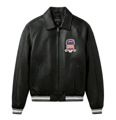 Men's Avirex Icon London Real Leather Bomber Varsity Jacket Black Biker Jacket