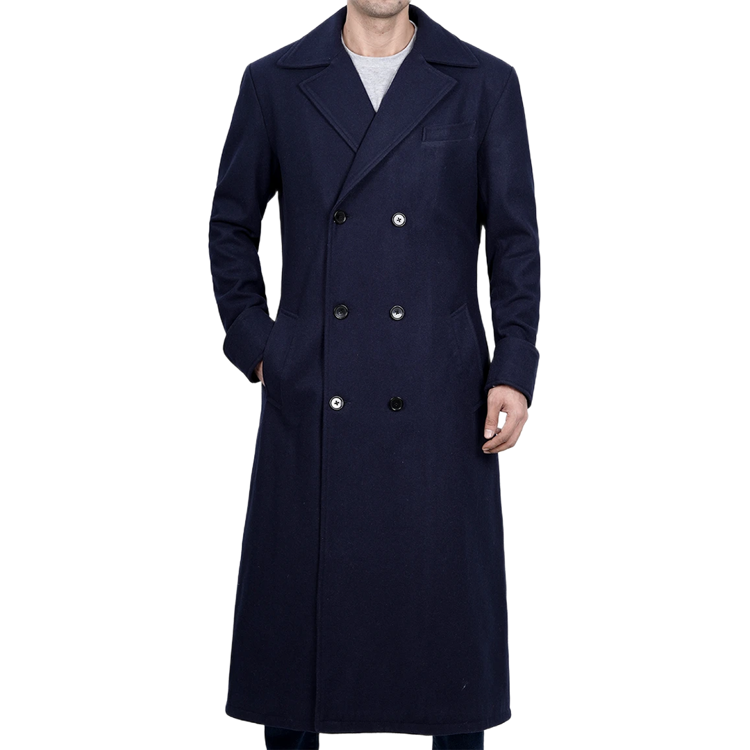 Aaron Men's Blue Double Breasted Long Wool Coat