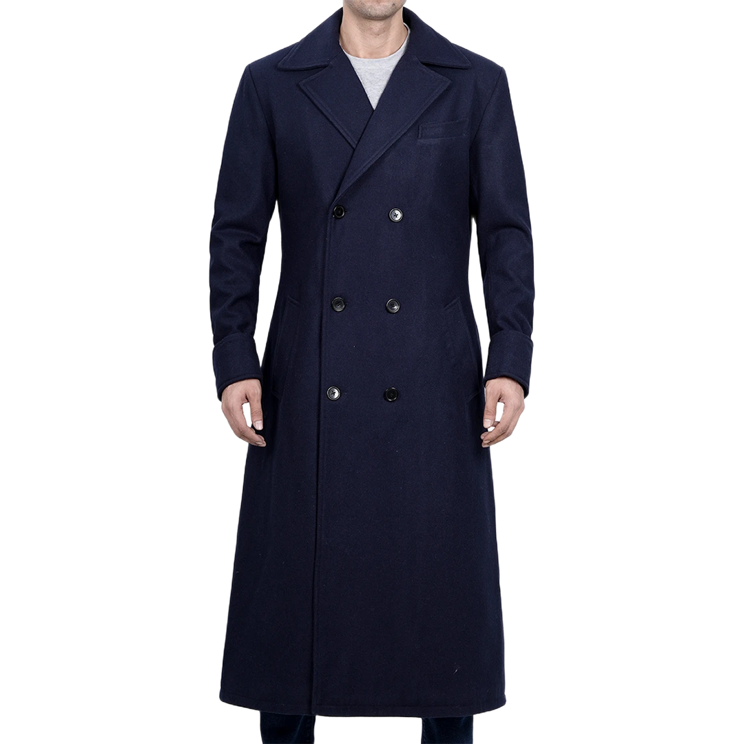 Aaron Men's Blue Double Breasted Long Wool Coat