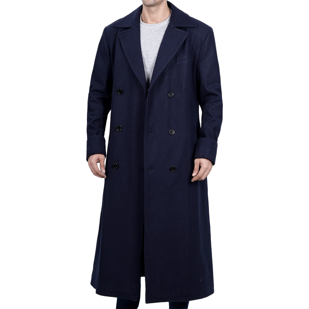 Aaron Men's Blue Double Breasted Long Wool Coat