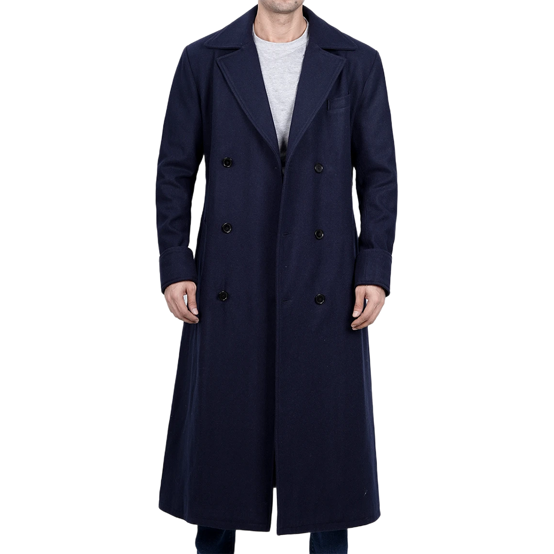 Aaron Men's Blue Double Breasted Long Wool Coat