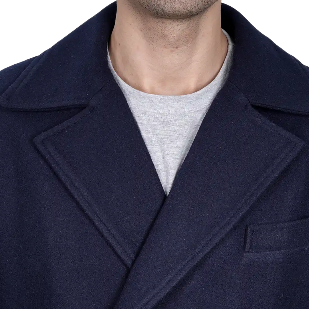 Aaron Men's Blue Double Breasted Long Wool Coat