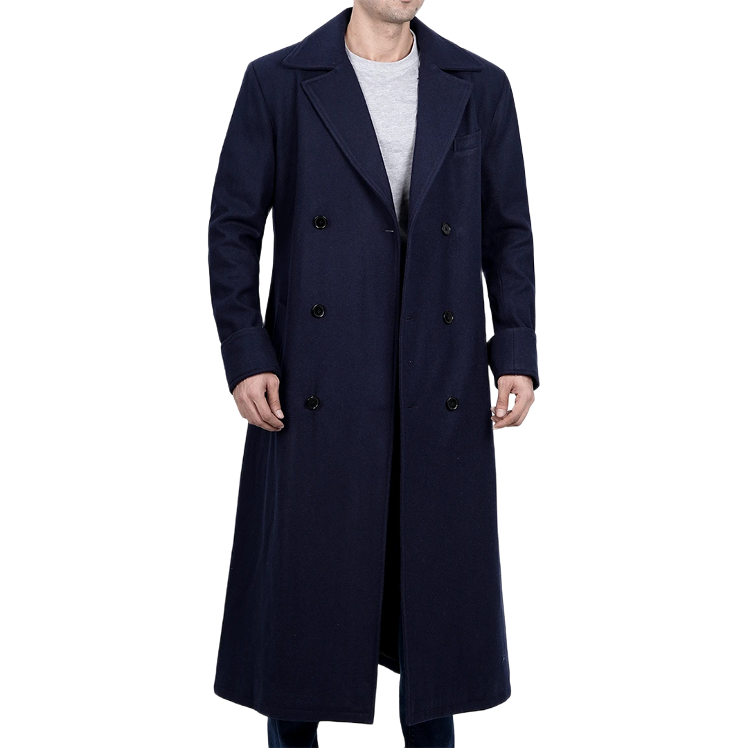 Aaron Men's Blue Double Breasted Long Wool Coat