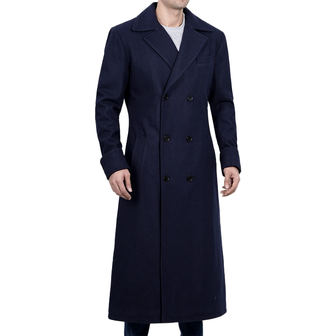 Aaron Men's Blue Double Breasted Long Wool Coat