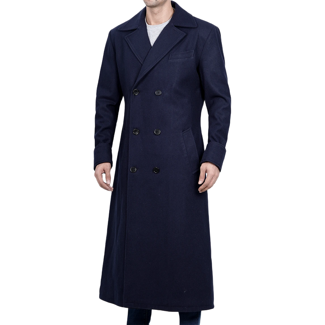 Aaron Men's Blue Double Breasted Long Wool Coat
