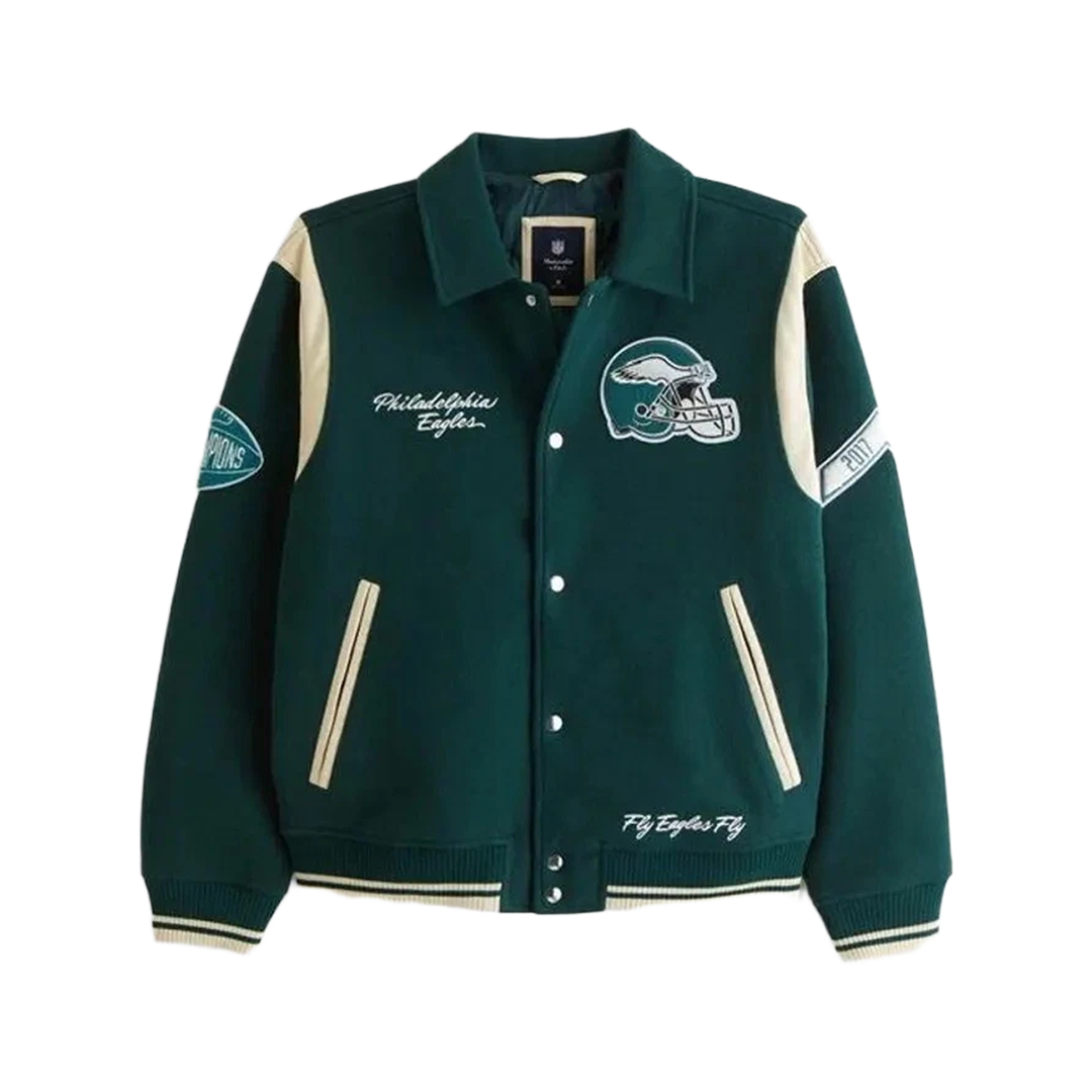Abercrombie Philadelphia Eagles Vintage Green Fly Bomber Varsity Jacket