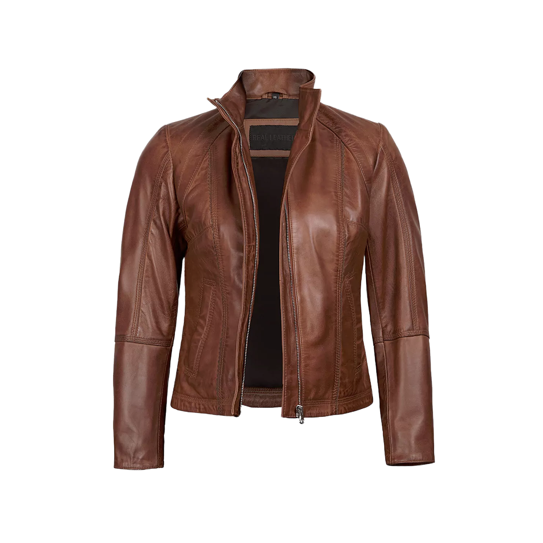 Acerra Women's Real Cognac Brown Leather Cafe Racer Jacket