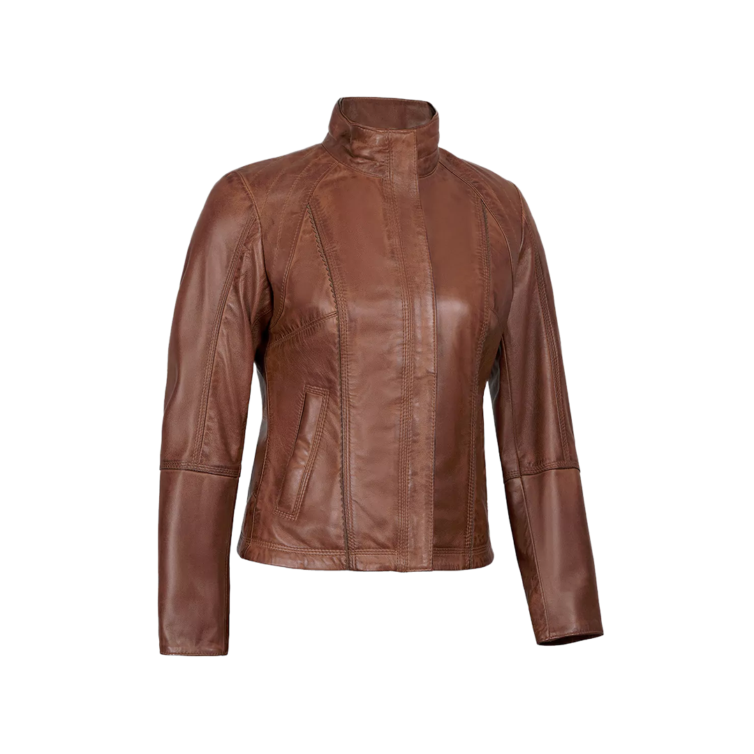 Acerra Women's Real Cognac Brown Leather Cafe Racer Jacket