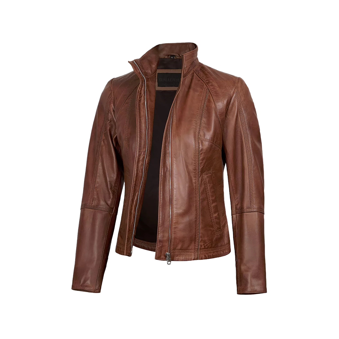 Acerra Women's Real Cognac Brown Leather Cafe Racer Jacket