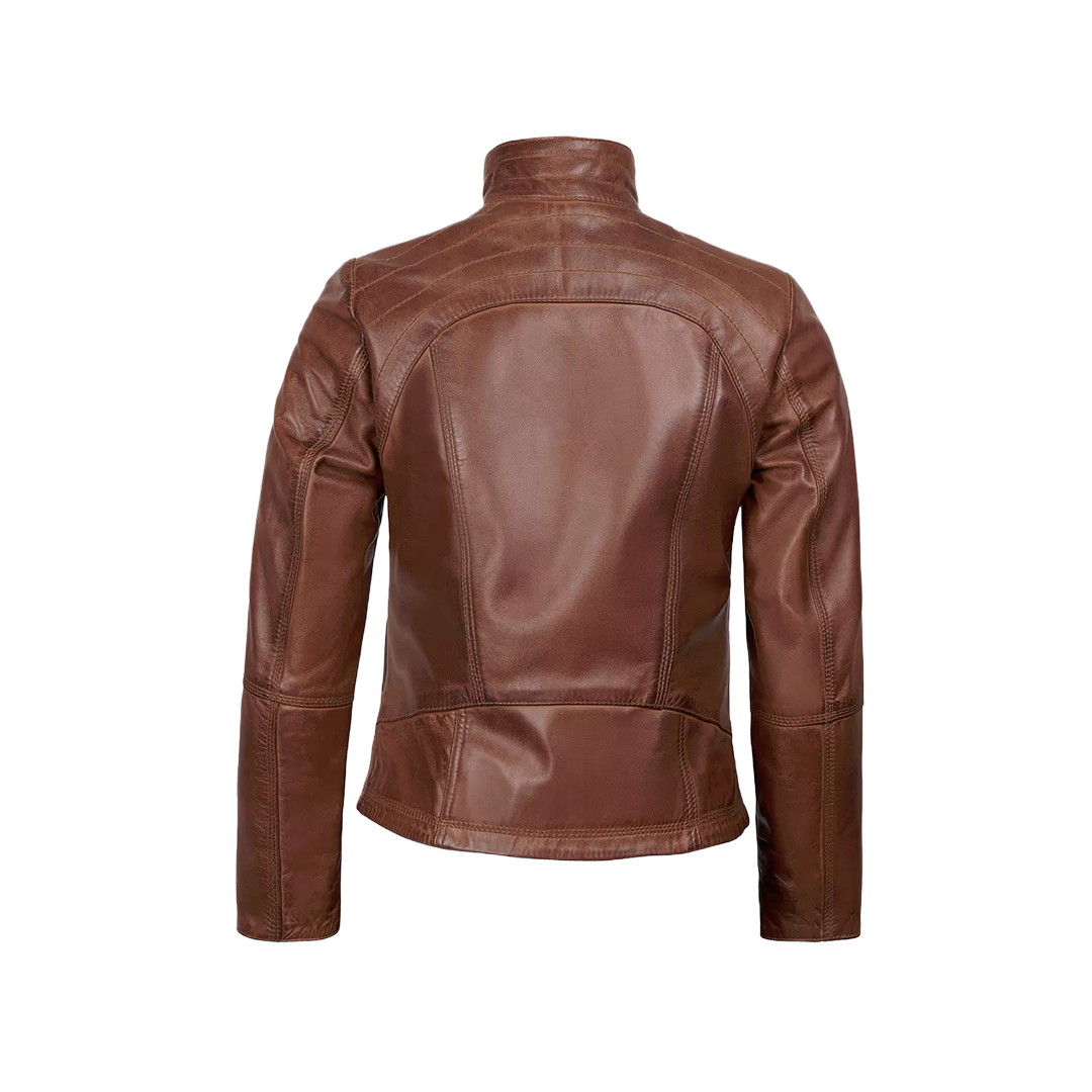 Acerra Women's Real Cognac Brown Leather Cafe Racer Jacket