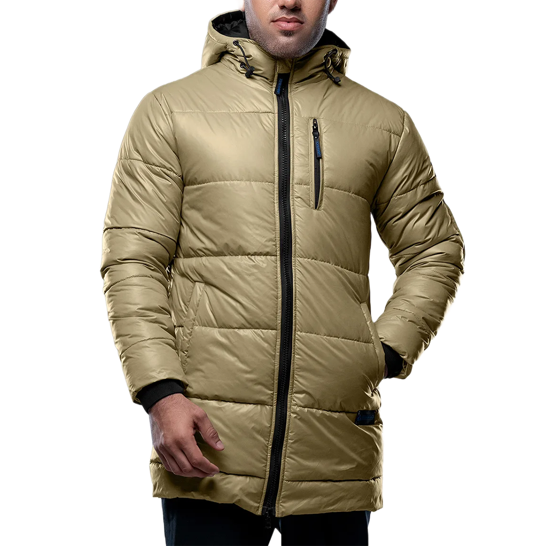 Alton Mens Beige 3/4 Length Puffer Insulated Coat With Hood