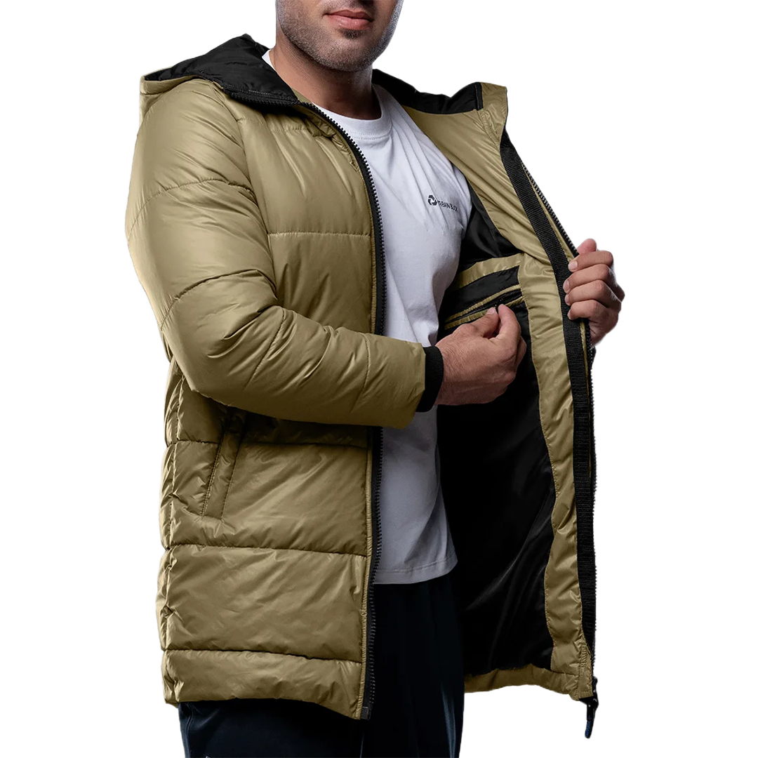 Alton Mens Beige 3/4 Length Puffer Insulated Coat With Hood