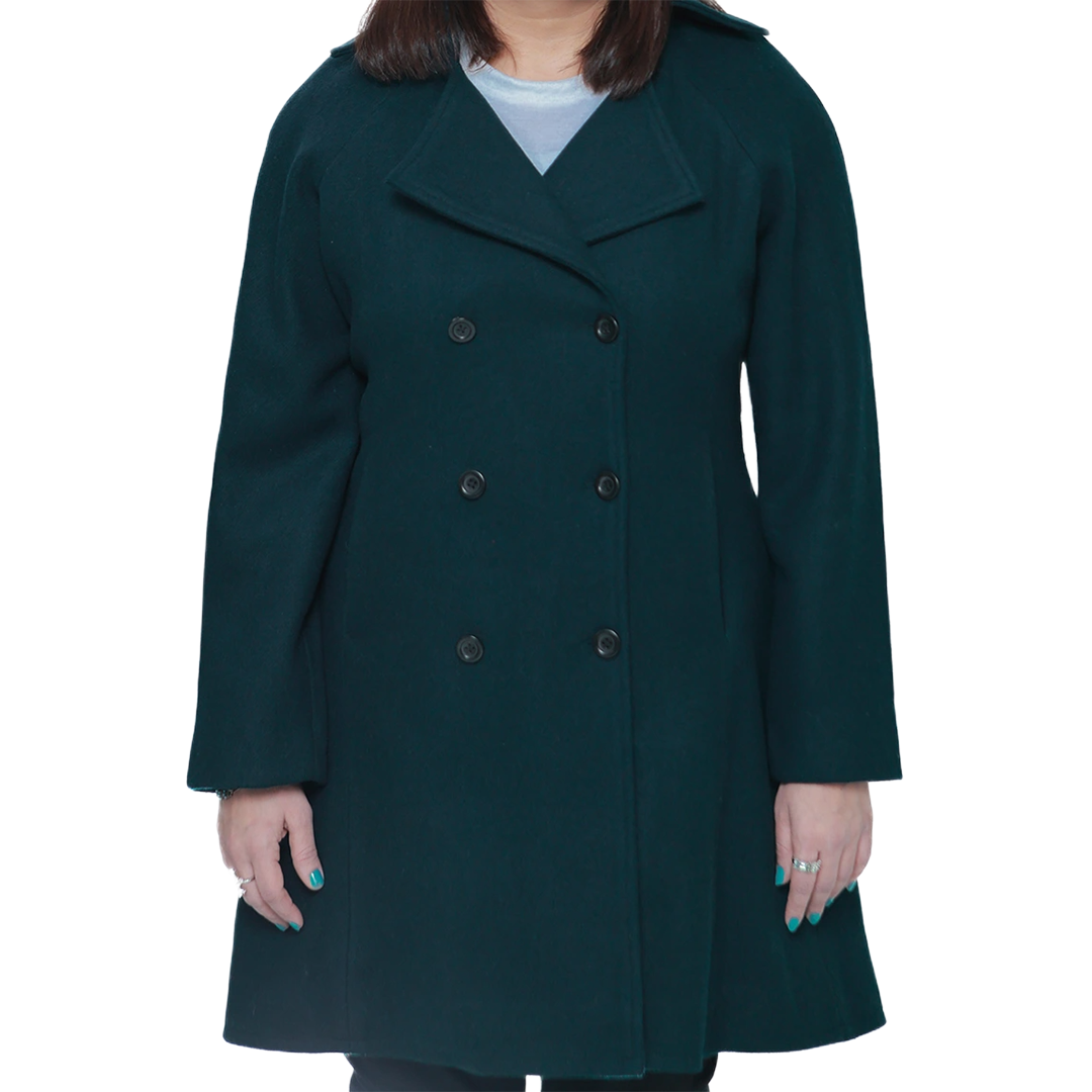 Ana Women's Forest Green Double Breasted Flare Wool Coat - Regular Fit