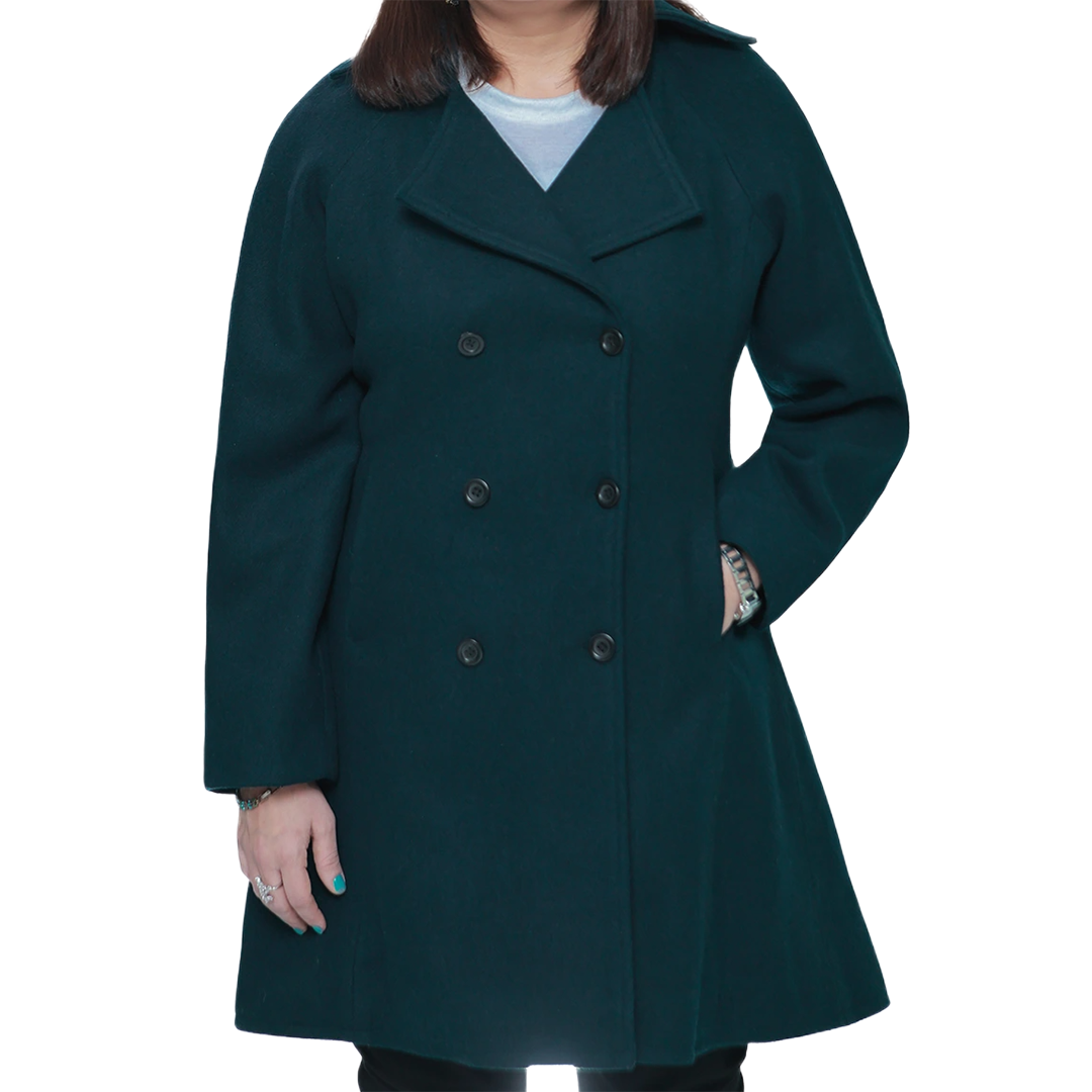 Ana Women's Forest Green Double Breasted Flare Wool Coat - Regular Fit