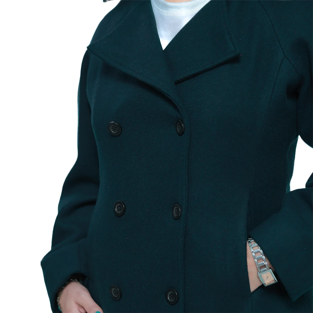 Ana Women's Forest Green Double Breasted Flare Wool Coat - Regular Fit