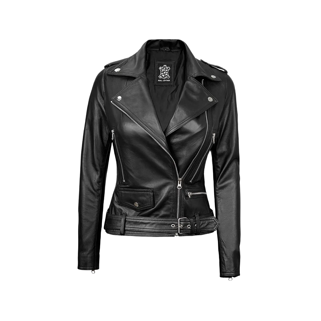 Asymmetrical Black Leather Moto Jacket Women