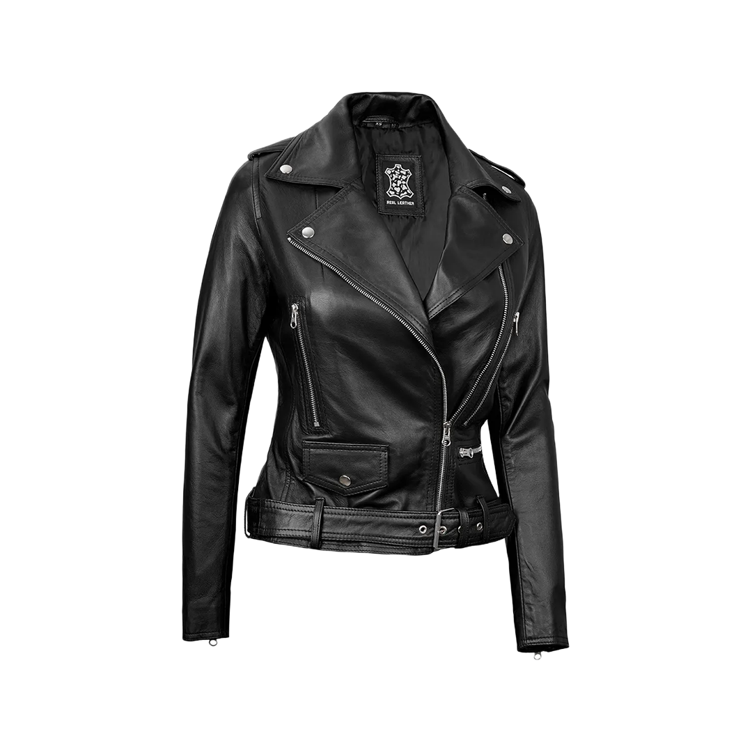 Asymmetrical Black Leather Moto Jacket Women