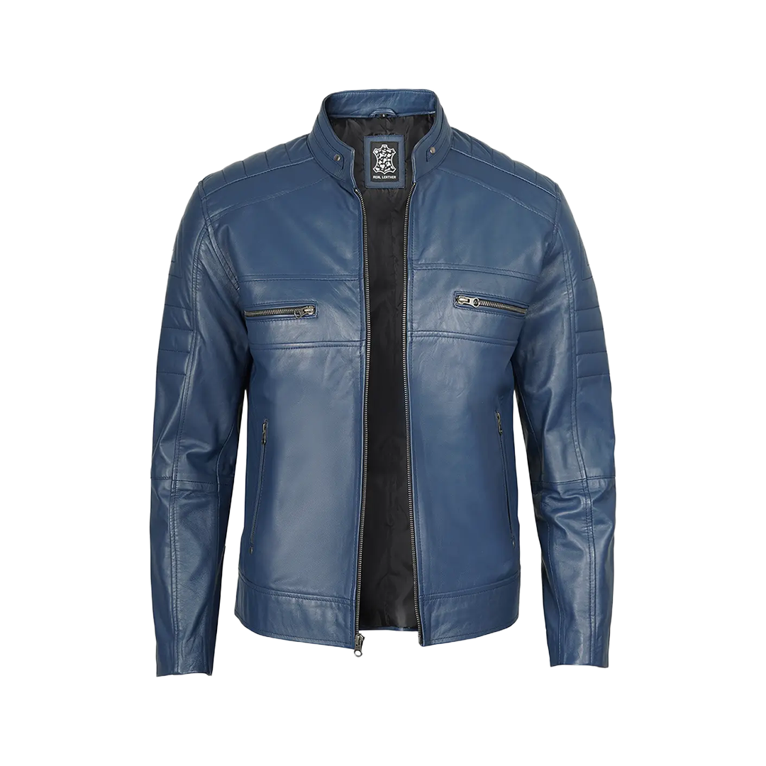 Austin Men Cafe Racer Blue Real Leather Jacket