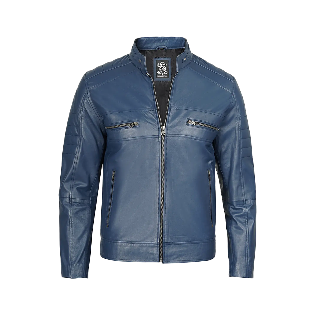 Austin Men Cafe Racer Blue Real Leather Jacket