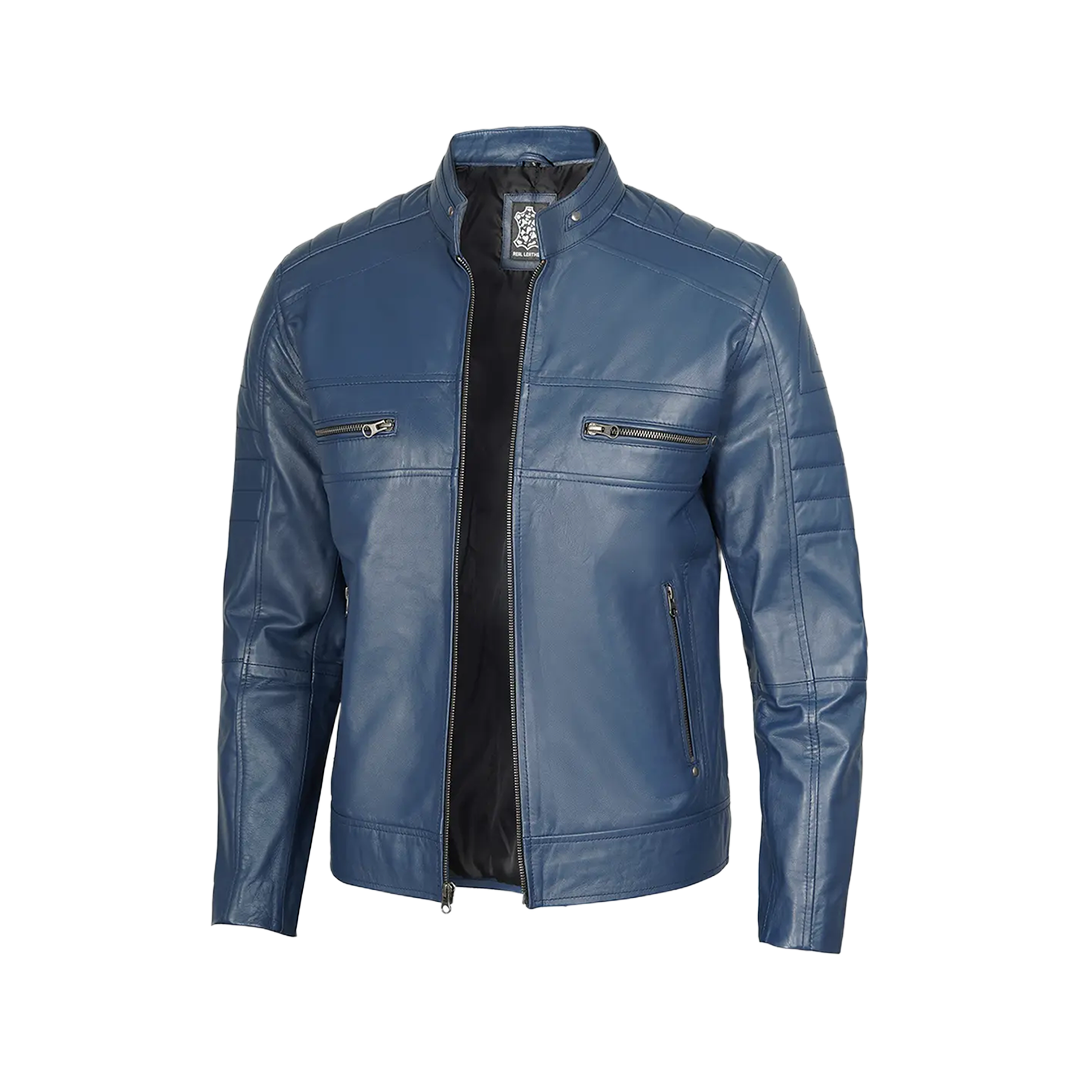 Austin Men Cafe Racer Blue Real Leather Jacket