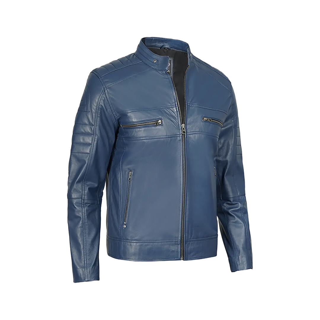 Austin Men Cafe Racer Blue Real Leather Jacket