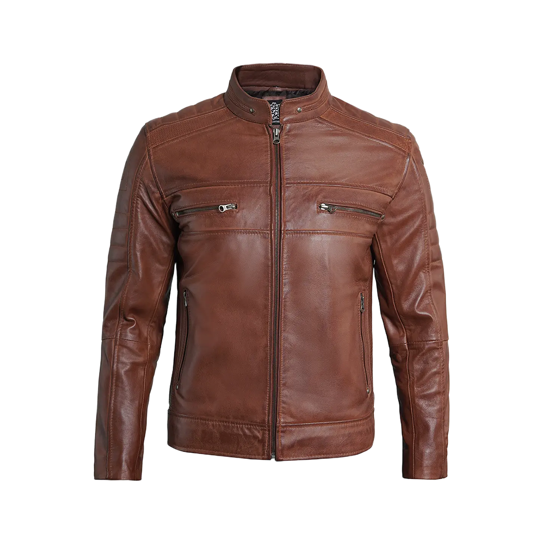 Austin Men Cafe Racer Cognac Brown Leather Jacket