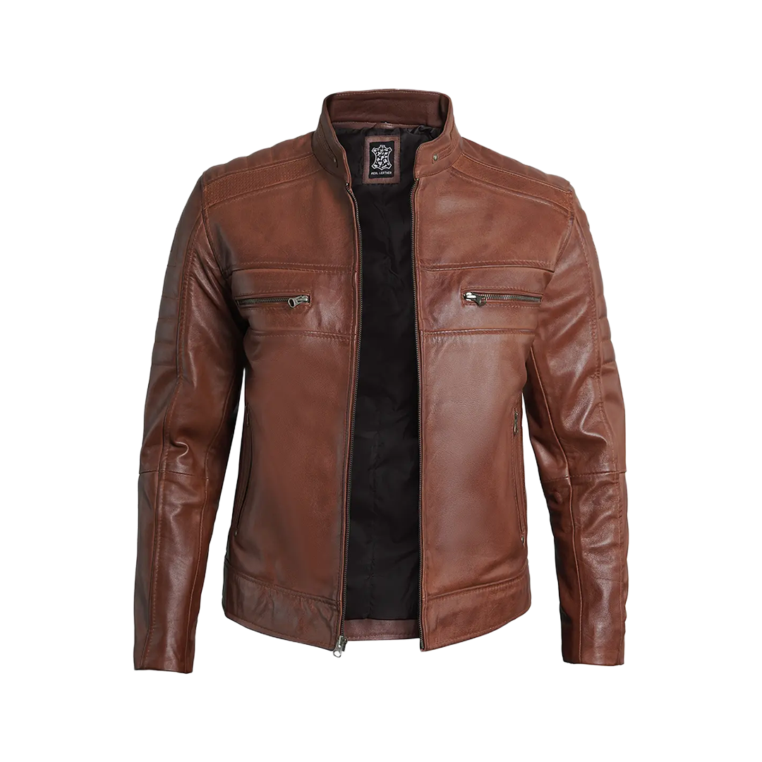 Austin Men Cafe Racer Cognac Brown Leather Jacket