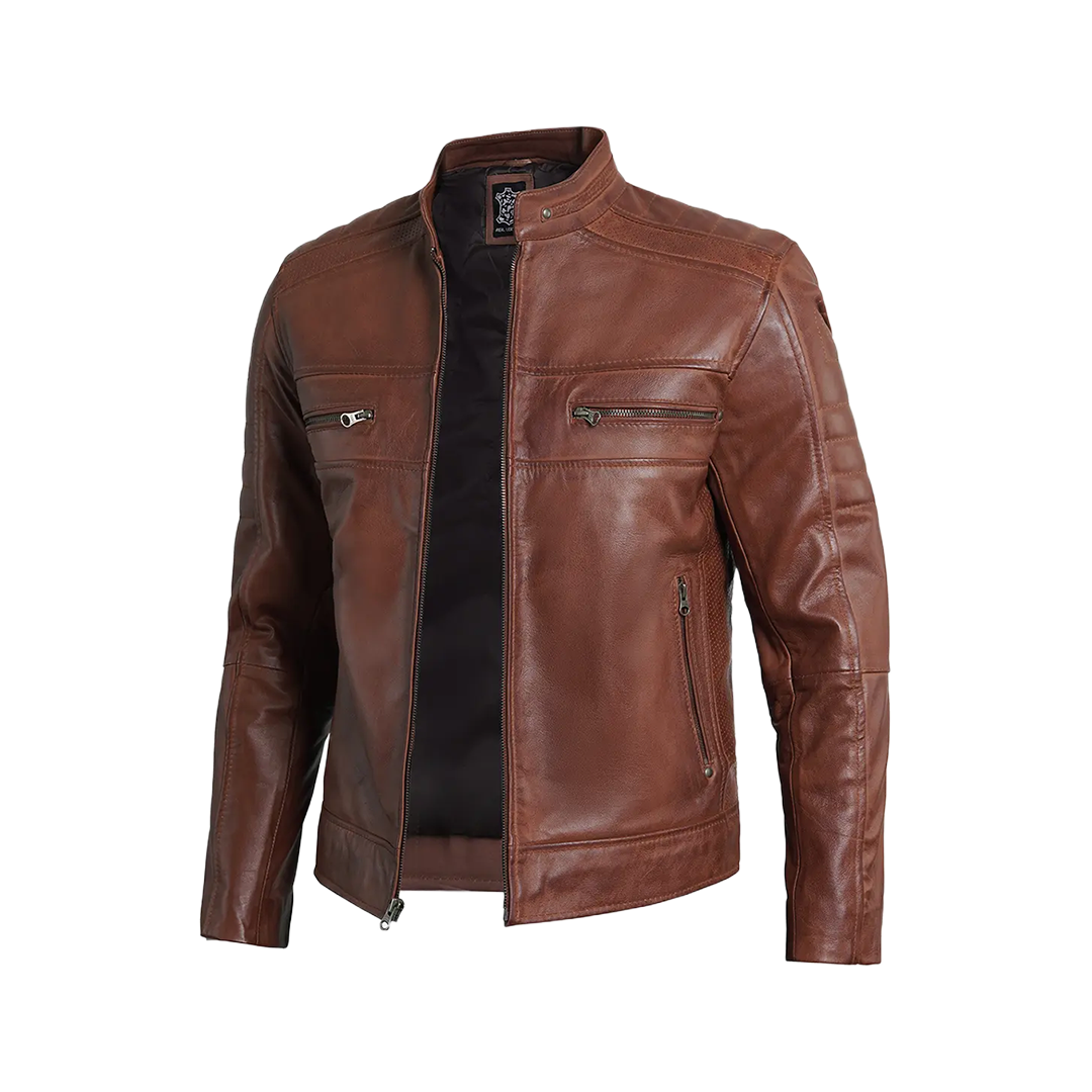 Austin Men Cafe Racer Cognac Brown Leather Jacket