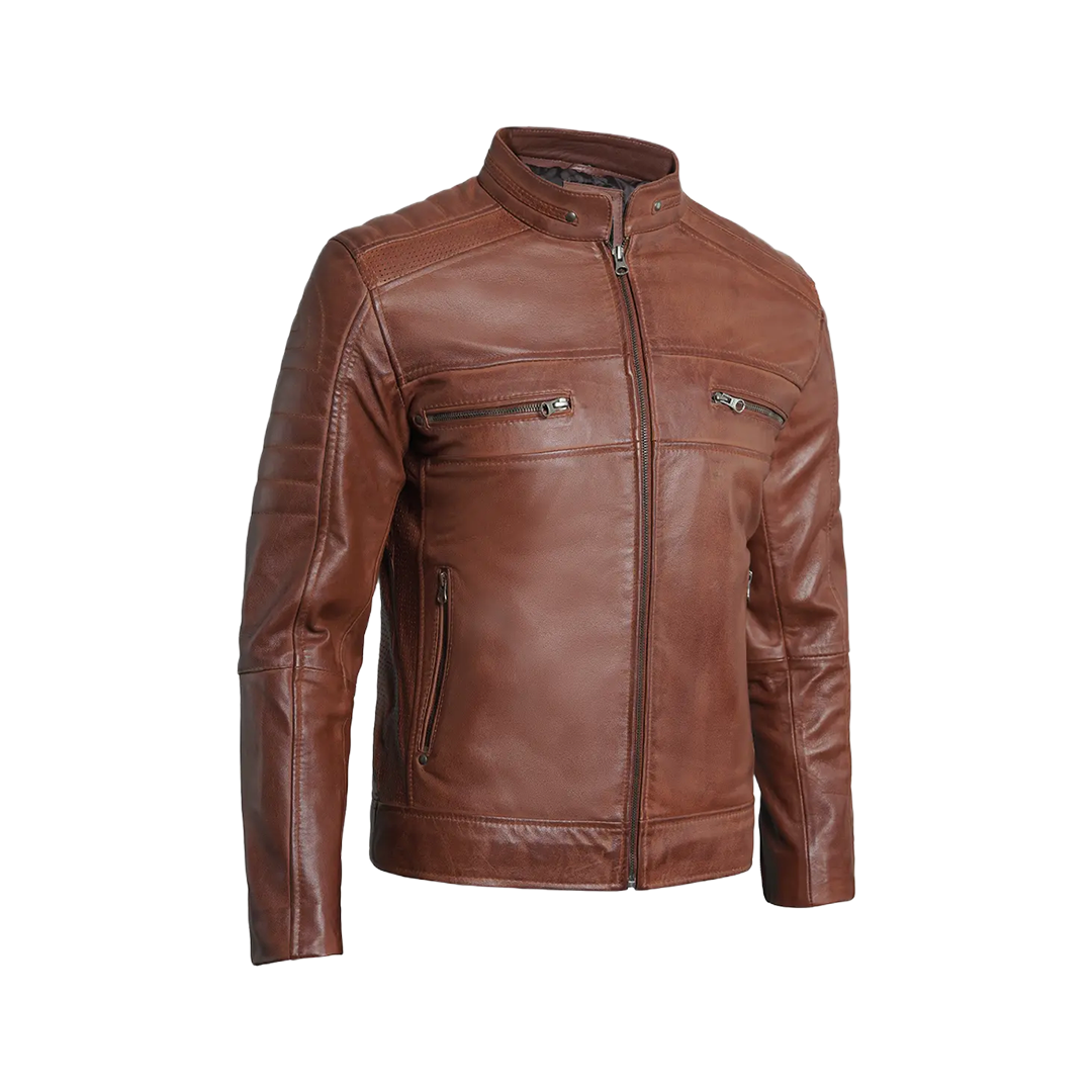 Austin Men Cafe Racer Cognac Brown Leather Jacket