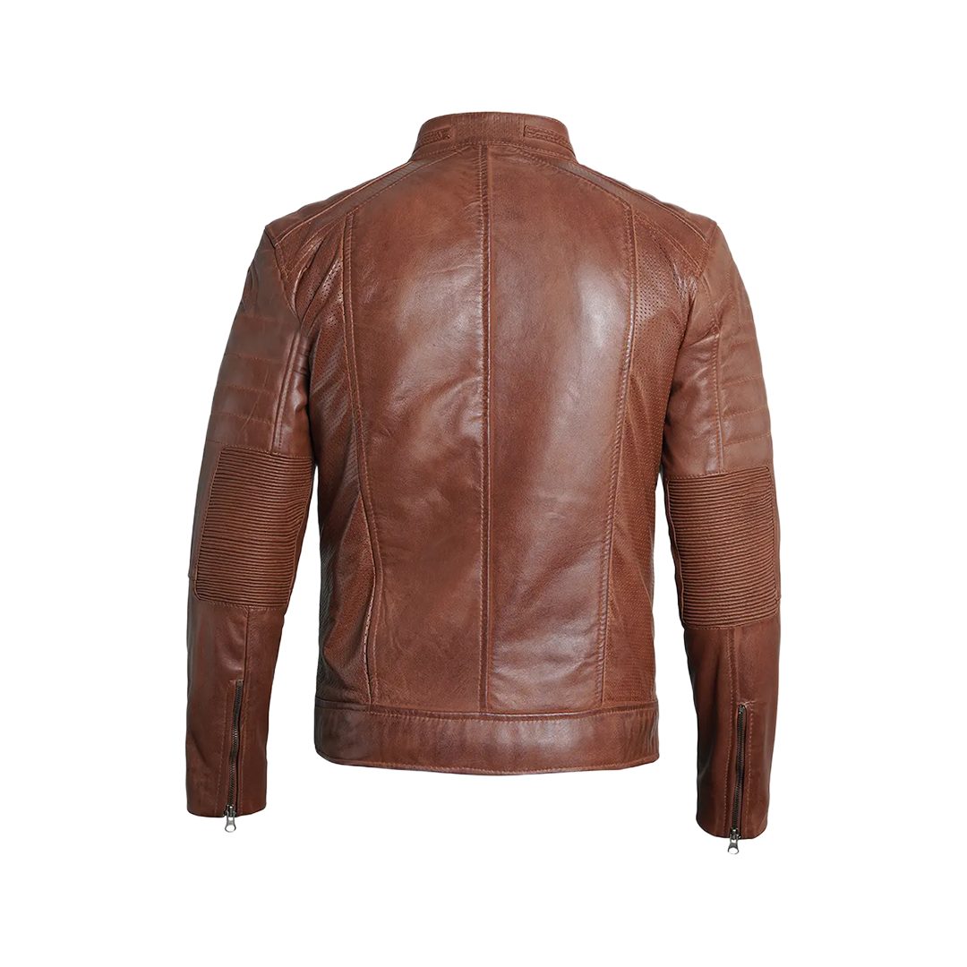 Austin Men Cafe Racer Cognac Brown Leather Jacket