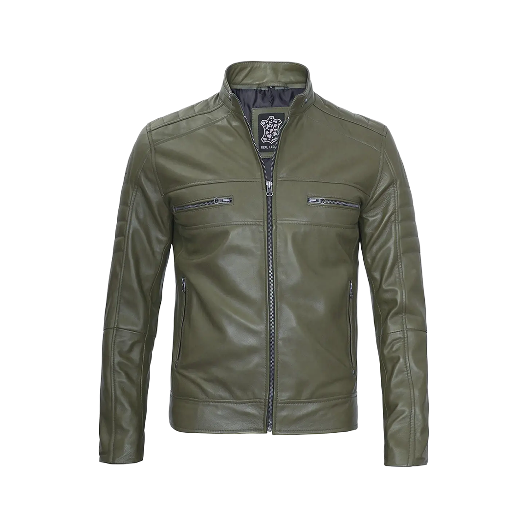 Austin Men Cafe Racer Dark Green Real Leather Jacket